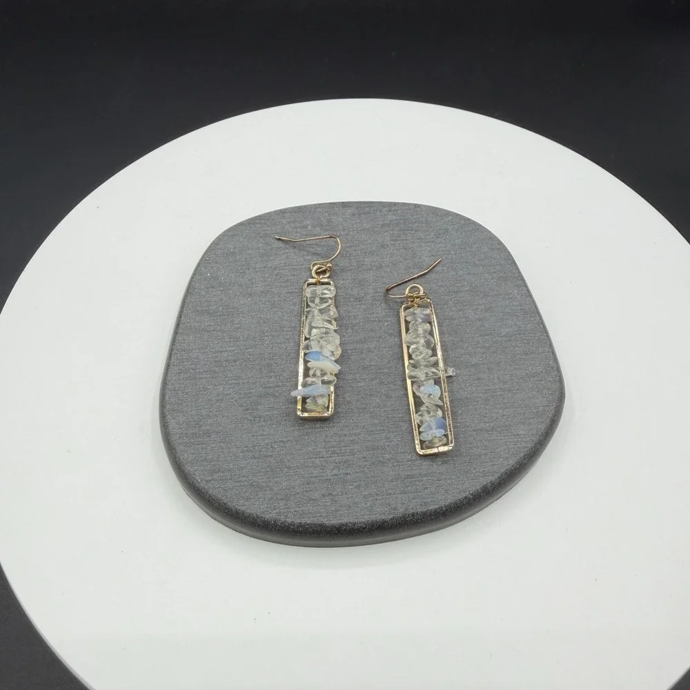 Gold Tone Clear Crystal Iridescent Chip Bar Drop Earrings Boho Statement Gift